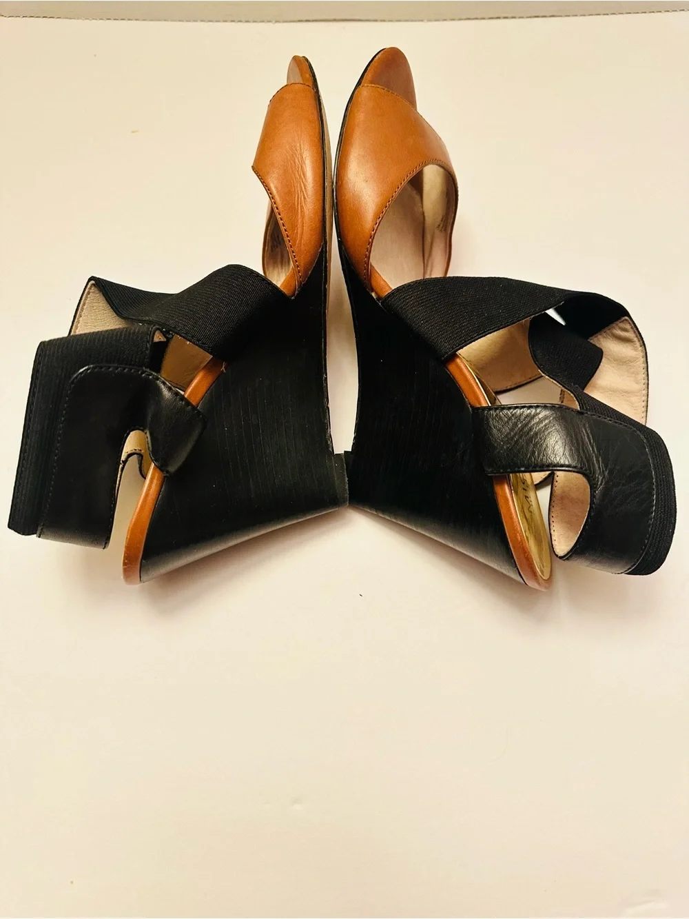Michael Kors Tan Leather & Black Elastic Wedge Sandals